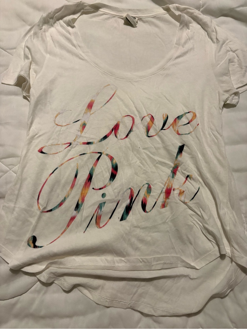 PINK Victoria's Secret White Short Sleeve Tee with Multicolor 'Love Pink' Script